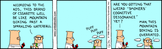 A Dilbert cartoon representing cognitive dissonance - if only life was this funny